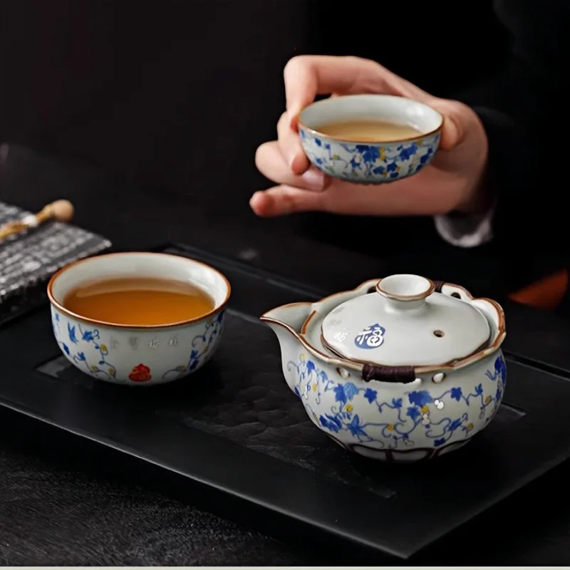 

Silk Silver Fulu Shuangquan Travel Tea Set Antique Ru Kiln Kuaike Cup Outdoor Portable Travel Tea Ware