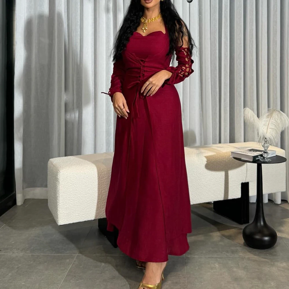 

Graceful Ankle Length Detachable Sleeves Halter Evening Dresses Temperament A-Line Burgundy Jersey Prom Gowns vestidos de fiesta