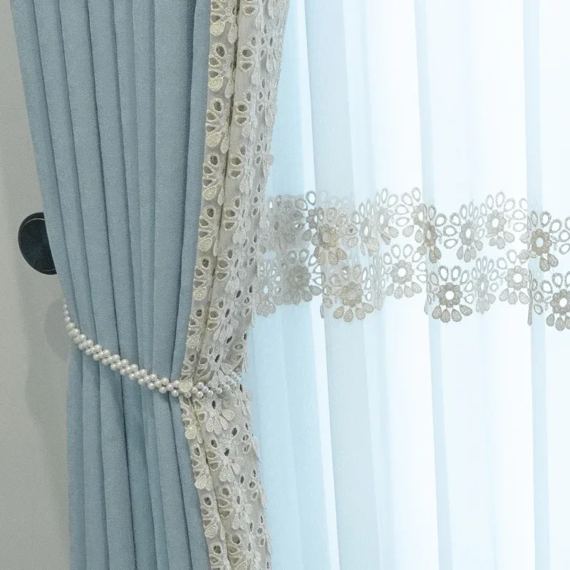 Simple Light Blue Lace Embroidered Window Screen Thickened Spliced Curtains for Living Room Bedroom Floor-to-ceiling Windows