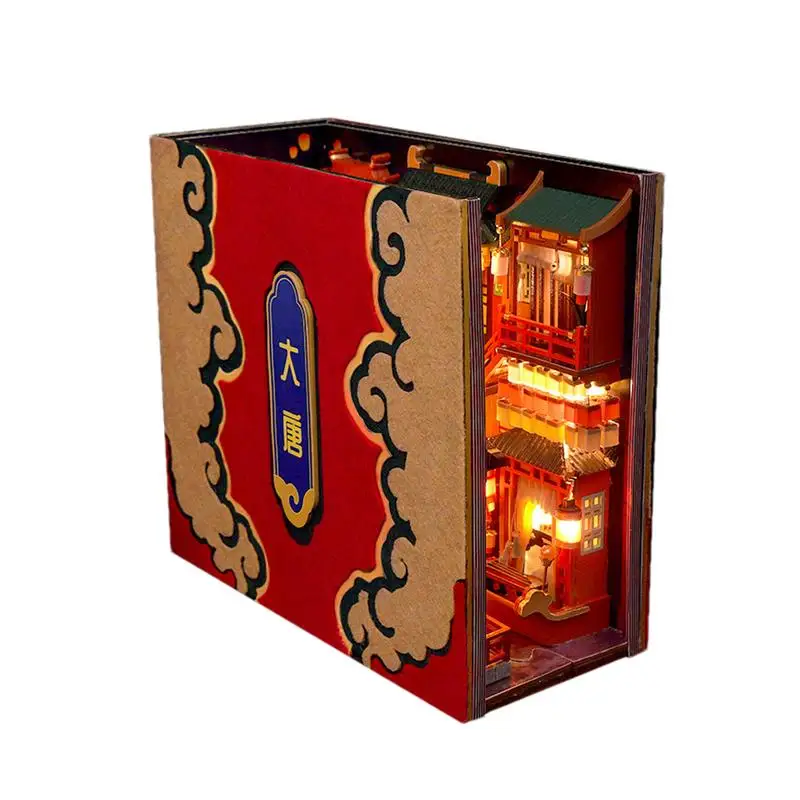 Assembled Bookends Wooden Puzzle Tang Dynasty Eternal Book Store Book Nook With LED Light Book Corner Book Stand Miniature Room