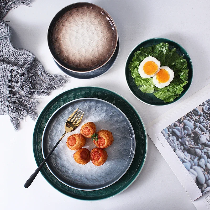 3pcs Set, Color Embossed Porcelain Dinner Plate Chargers, Stone Design, Ceramic Platter for Dinning, Decoration Serving