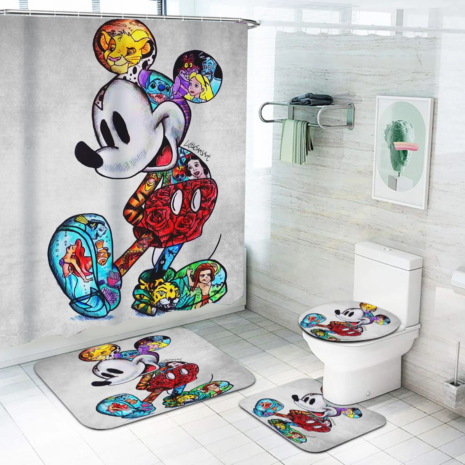 

Disney Mickey Anime Cute Shower Bath Curtain For 4 Piece Bathroom Decorations And Accessories Sets Full Set Mats Luxury