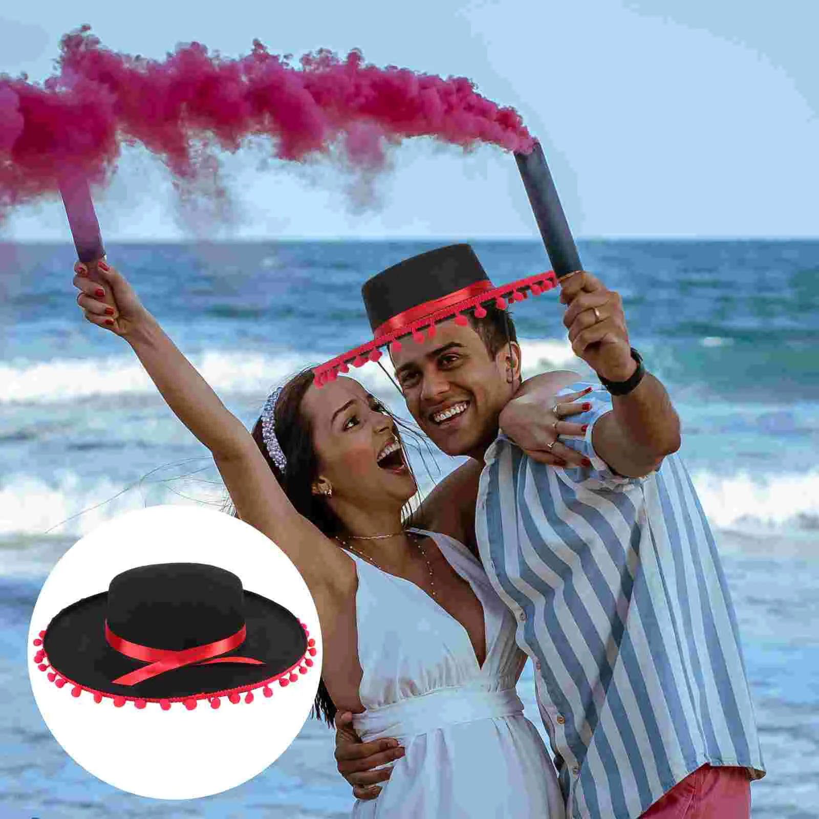 

Fashion Felt Hat Red Hair Ball Ribbon Mexican Hat Dancing Party Performance Hat (Black+Red) red hair ball ribbon felt hat