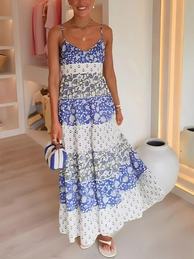 KONDALA Sexy Chic Women Flower Print Dress Cami Sleeveless Bow Draped Long Vestidos New Fashion 2025 Spring Summer Holiday Dress