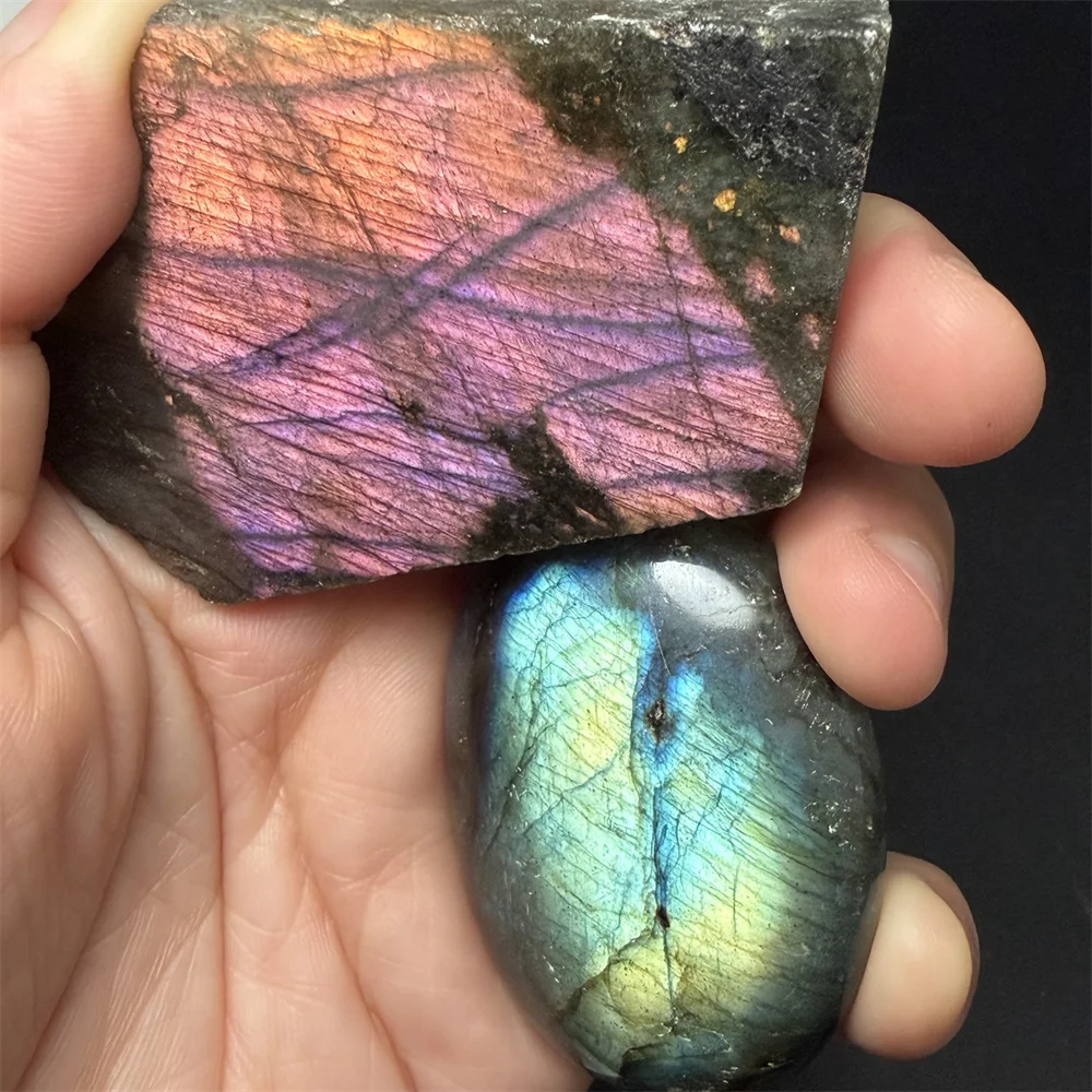 2PCS Sliced Nature Bright Blue Yellow Light Labradorite Specimen Pink Purple Orange Light Colorful Light Labrador Stone Ornament