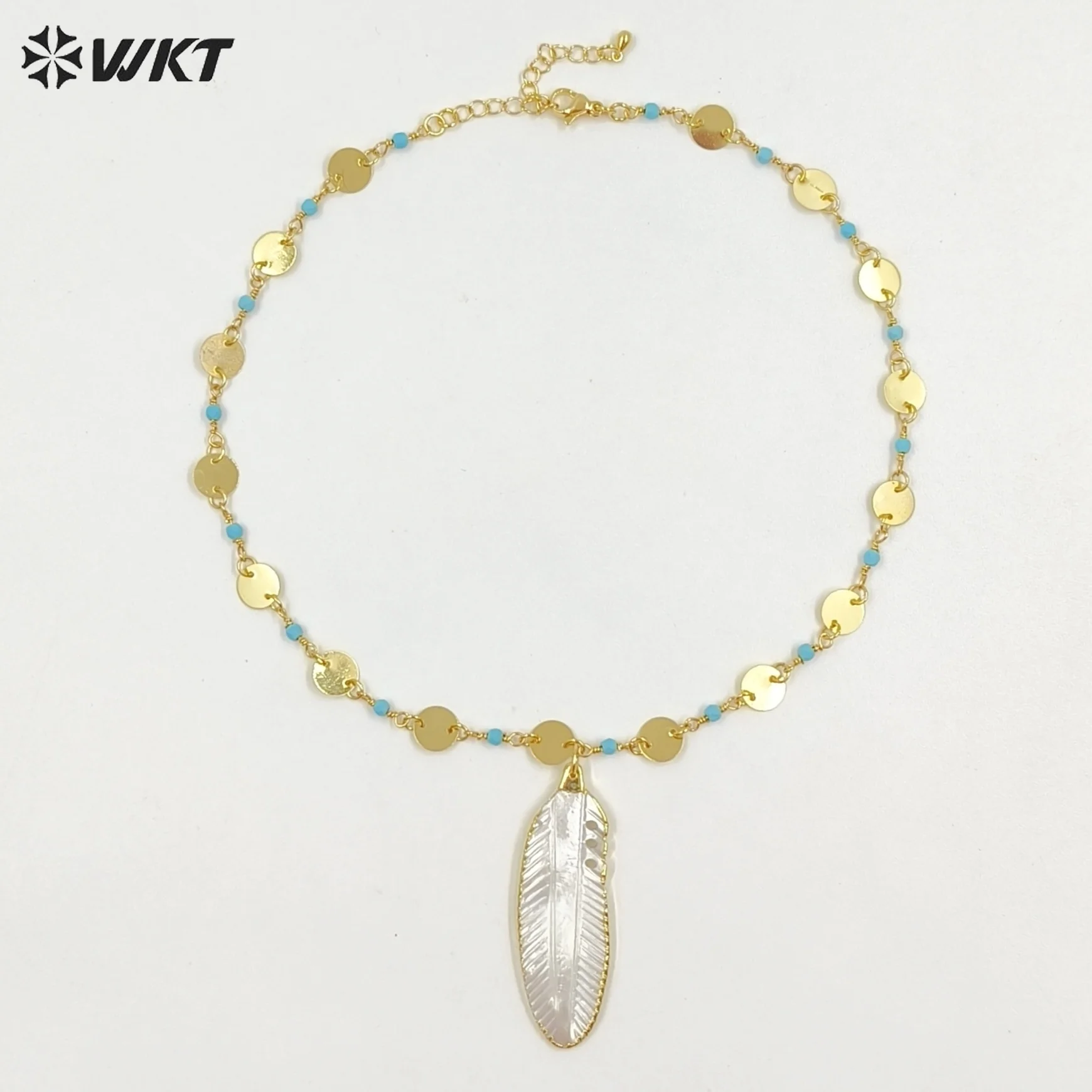 WT-JN400 Grey And White Feather Shape With Rosary Beads Chain Necklace Short 16Inch collarbone Chain Daily Decorative