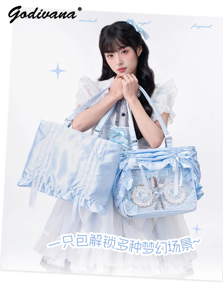 Original Student Girls Pleated Satin Ruffled Shoulder Bag Japanese Style Large Capacity Ita Bag Women's Tote Handbags
