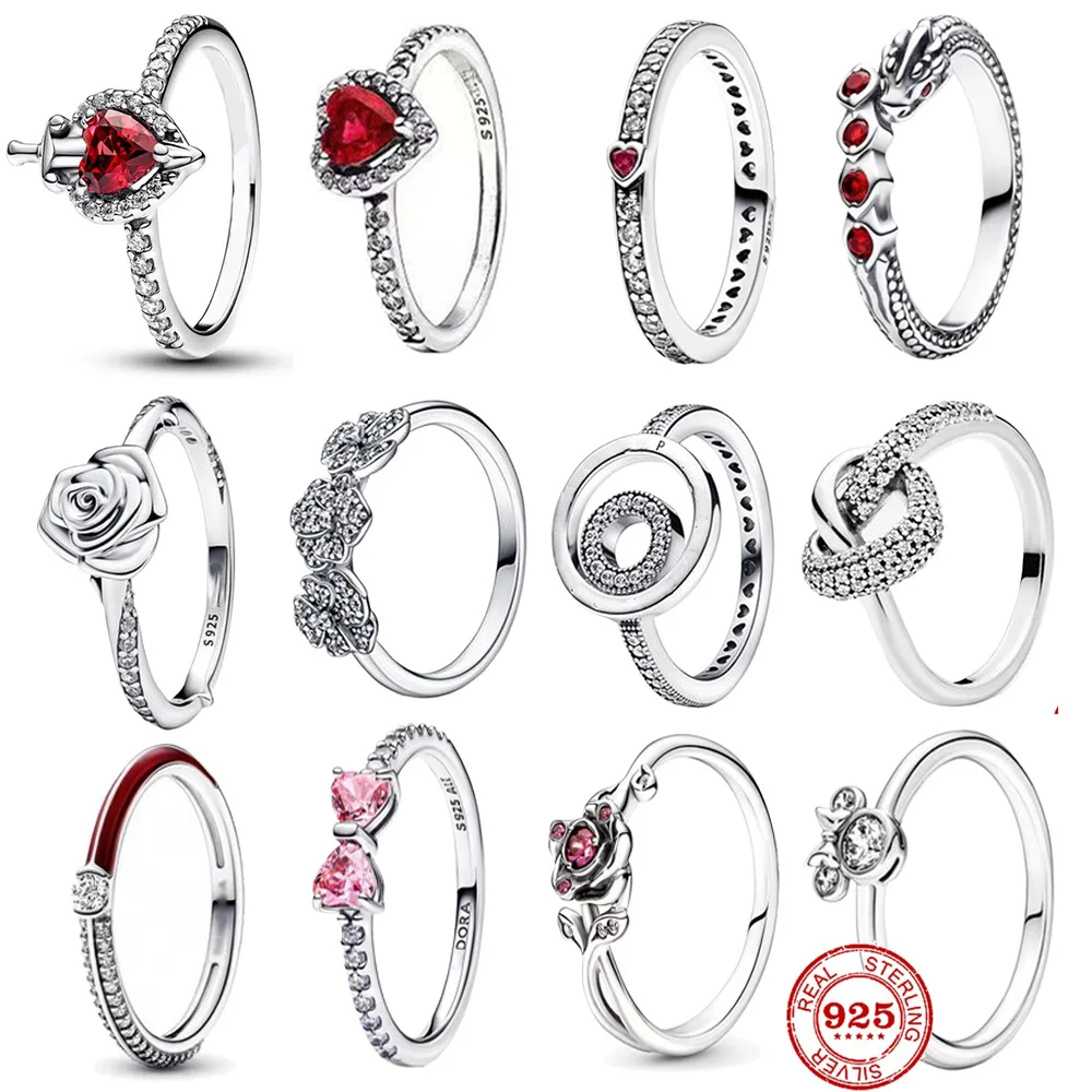 

925 Silver Red Heart-shaped Ring Fashion Classic Punk Zircon Gothic Retro Rings for Woman Couple Wedding Luxury Jewelry Gift