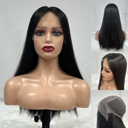 Peluca de cabello humano virgen frontal de encaje, cabello largo de Color Natural, estilo liso, piezas de cabello de volumen completo, línea de cabello prearrancada