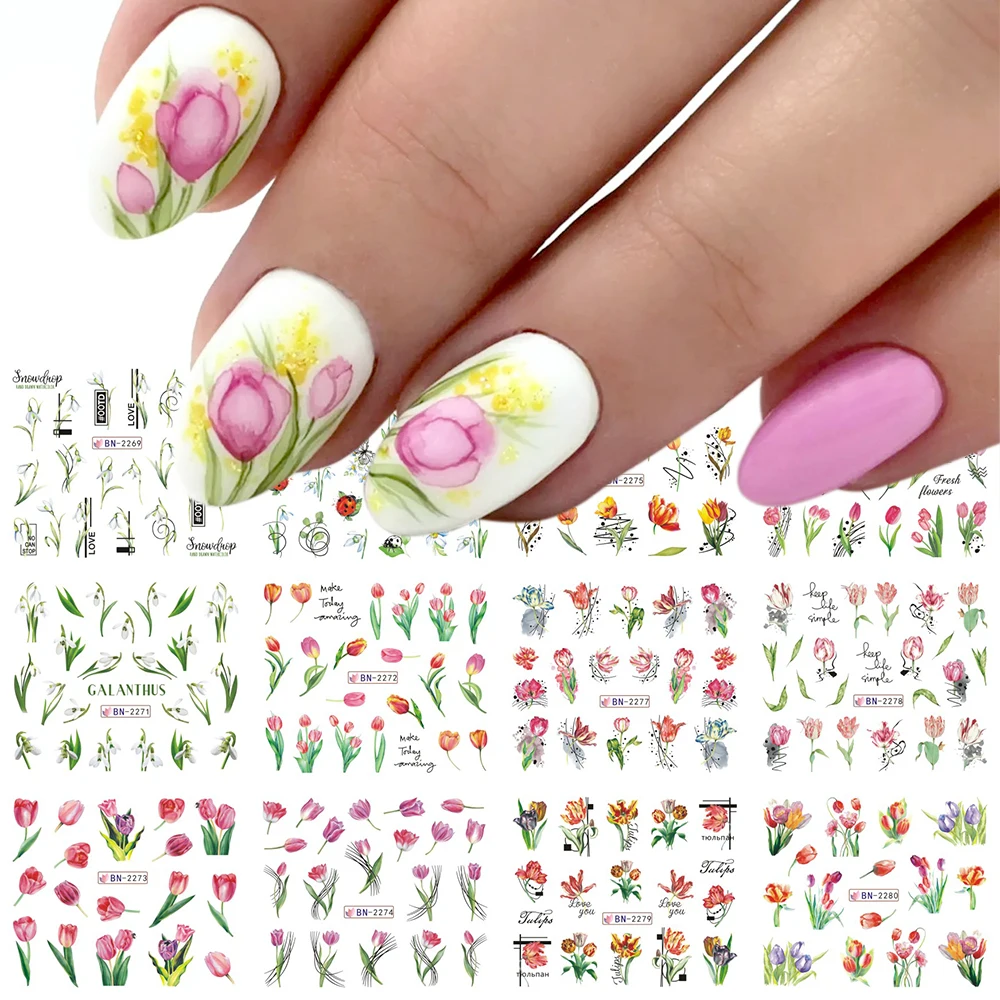 Tulpe Nagel Aufkleber Snowdrop Wasser Nagel Abziehbilder Rosa Blumen Pfingstrose Rose Sliders Sommer Design Gel Polish Wrap Tattoo GLBN2269-2280