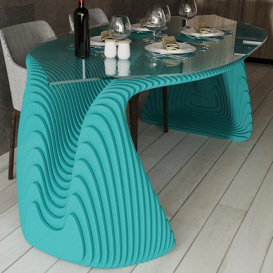 ！@Uniquely Designed Parametric Wooden Dining Table with Oval Glass Top for Dining Room Nordic Style Stylish