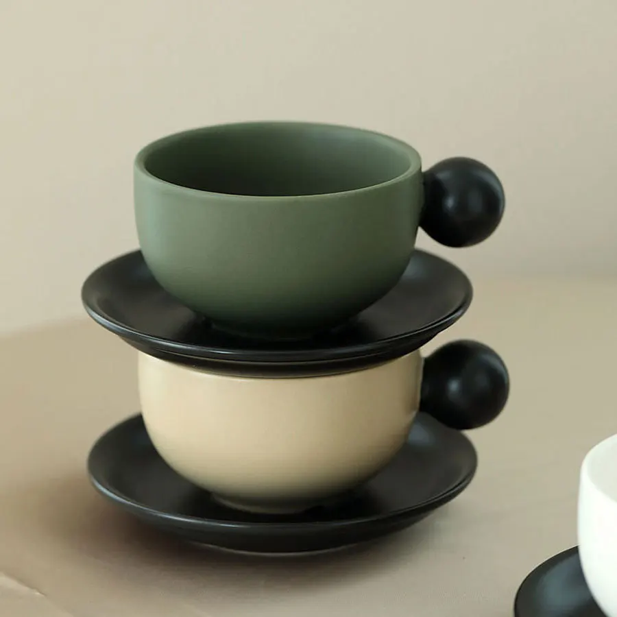 Nordic Contrasting Coffee Cup Plate Set Creative Handle Mugs Retro Matte Ceramic Drinkware Exquisite Afternoon Tea Gift Suit view 2