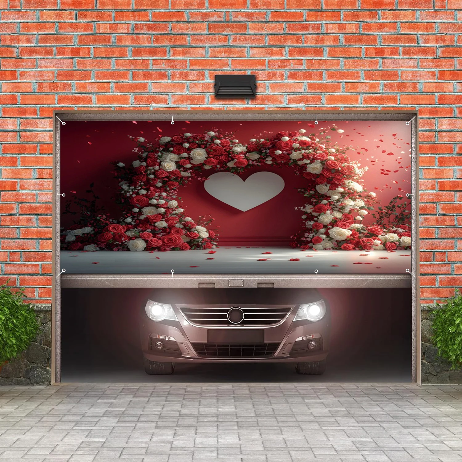 Love Heart Flowers Arch Garage Wall Background Valentine's Day Red Wall Roses Garage Door Frame For Outdoor Home Courtyard Decor