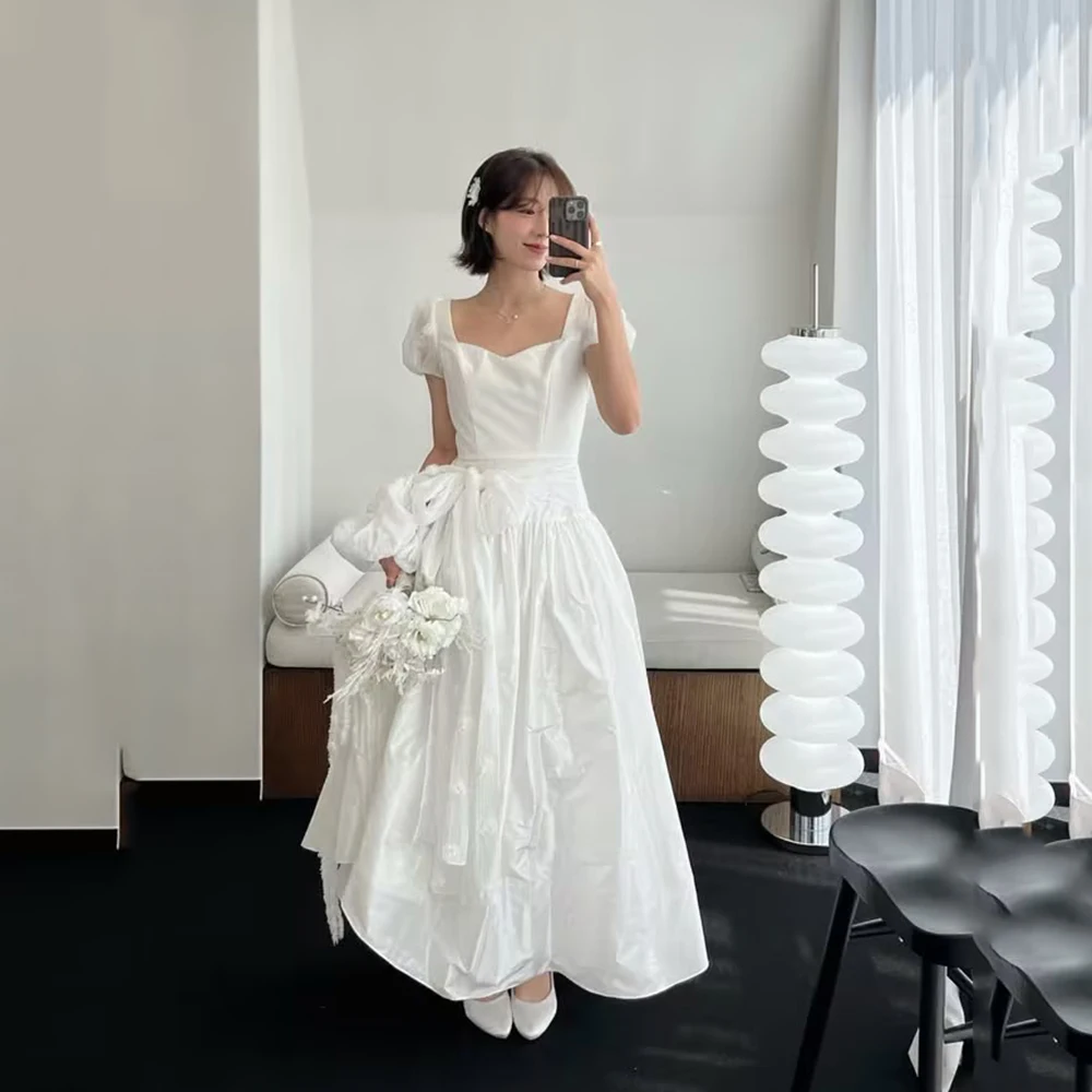 Verngo lvory Satin A Line Weddng Dress Short Sleeves Bridal Gowns Elegant Scoop Bride Dresses 2027 Customized