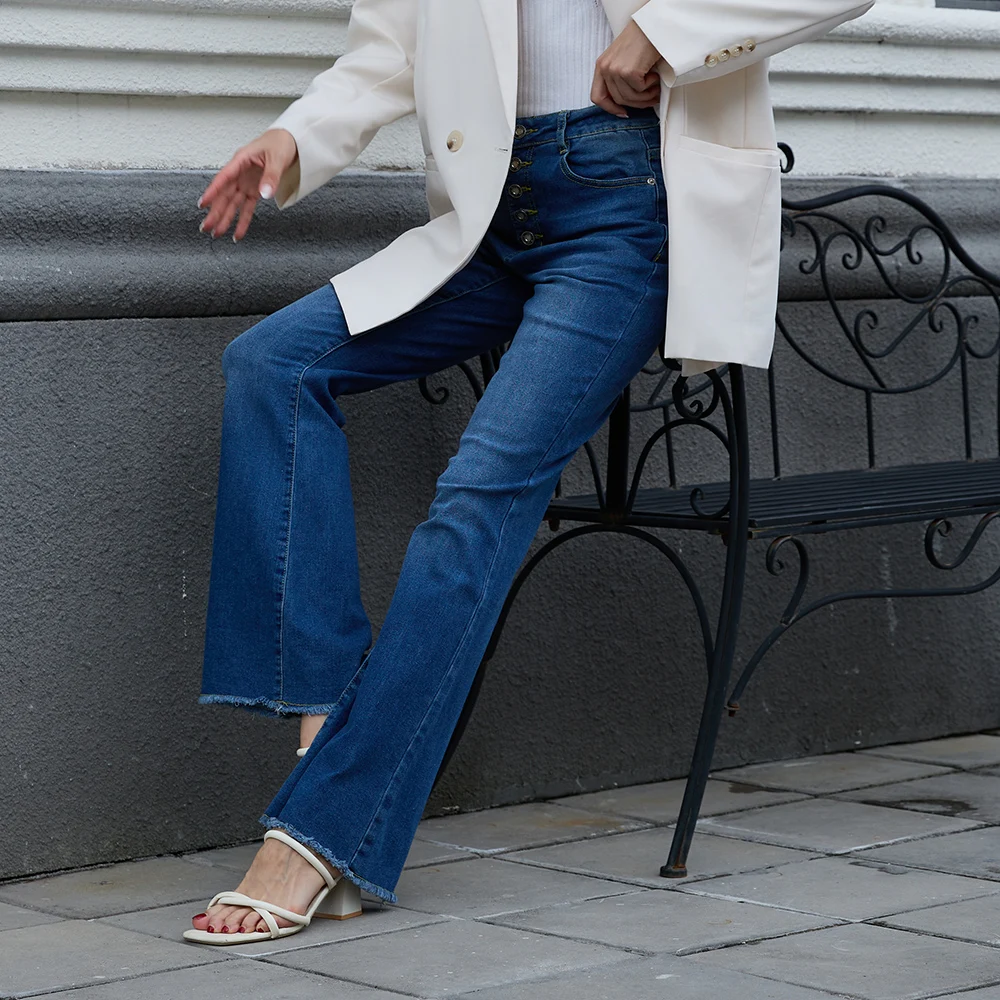 

Women Casual Denim Trousers 5 Buttons High Waist Slim Double Pockets Straight Solid Bell Long Pants High Street 2025 New Denims