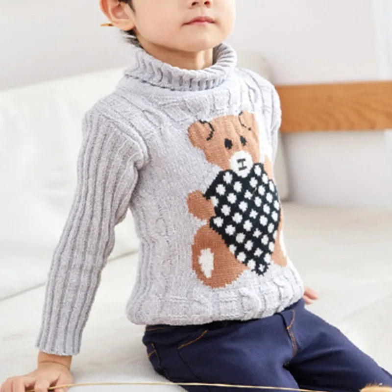 Autumn Winter Warm Sweater for Boys Girls Cute Cartoon Bear Pullover Children Turtleneck Knitted Sweater Kids Clothing Tops