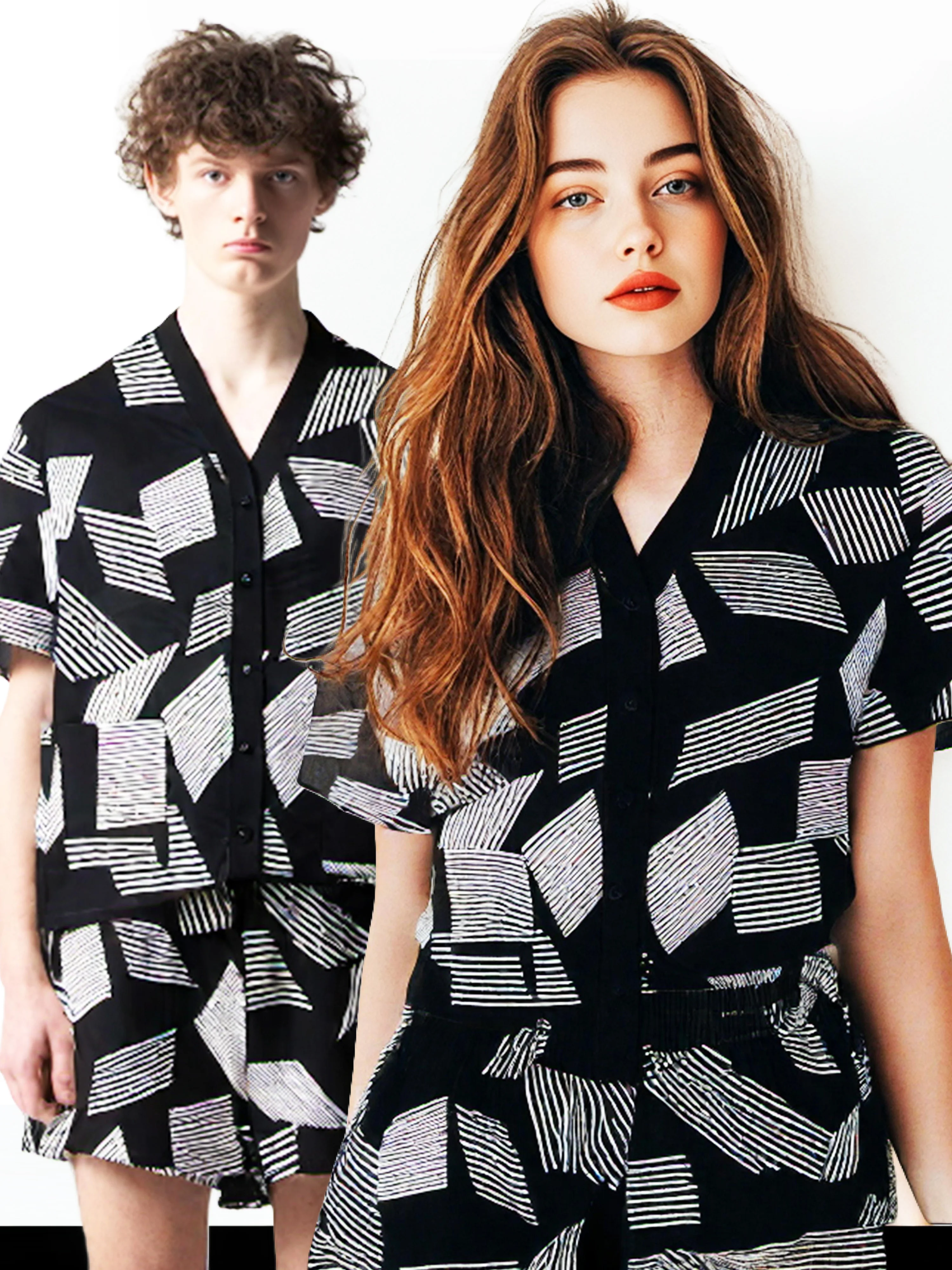 

European and American Spring, Summer and Autumn Valentine's Day New Cross-Border Couple Fashion V Neck Digital Printing Pattern Pajamas Short-Sleeved Shorts Two-Piece Home Clothes Set Men's + Women's Two Sets 3524