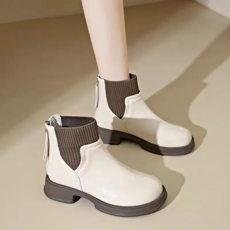 Women Slim Fit Casual Back Zipper Sock Boots 2026 Autumn Winter New Soft Leather British Style Ankle Boots