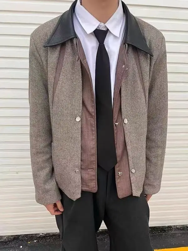 

New Chinese Sle Court Geometry Jaet Men's Spring Autumn Fake Two-Piece Outerwear Leather Collar High-End Sensation