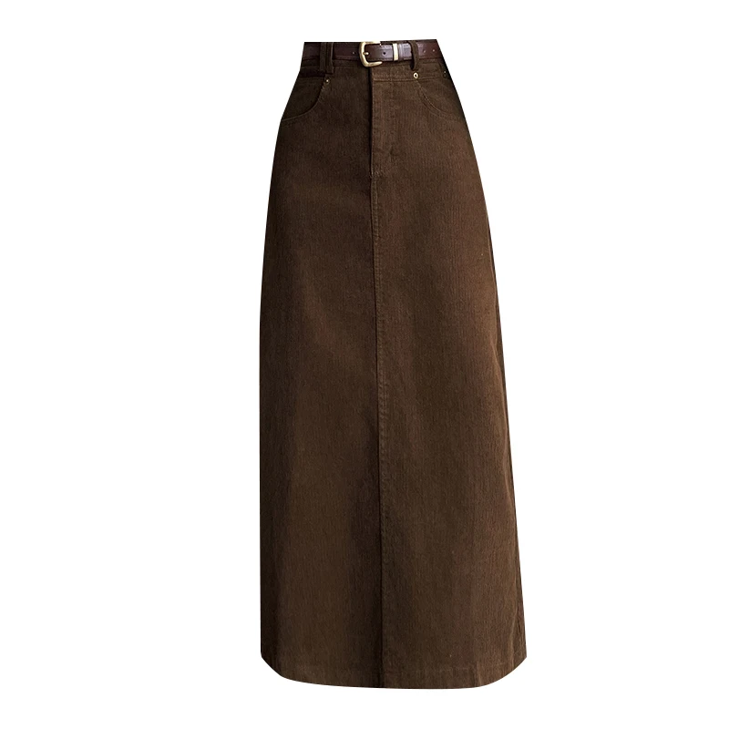 Vintage High Waist Winter Long Skirts For Women Elegant Office Wear Solid Corduroy Pencil Skirt With Belt Wrap Falads Largas