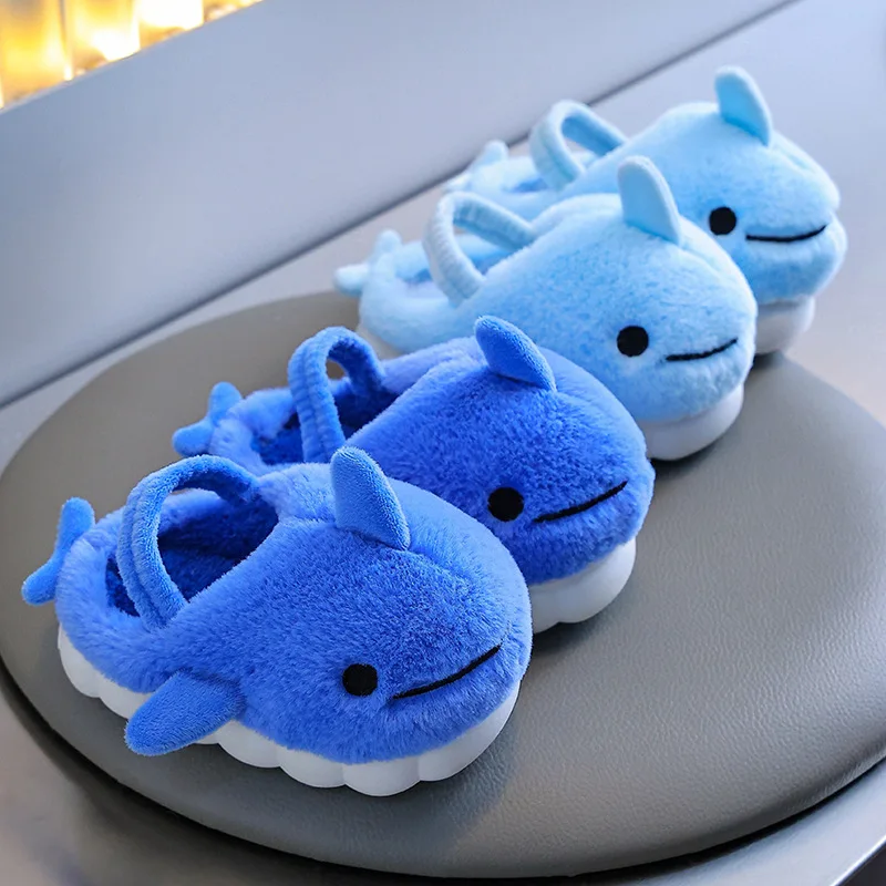 Kids'Slippers Plush Cartoon Solid Color Winter Shoes For Children Anti-slip Thick Bottom Home Slipper Pink Blue Size 22-33