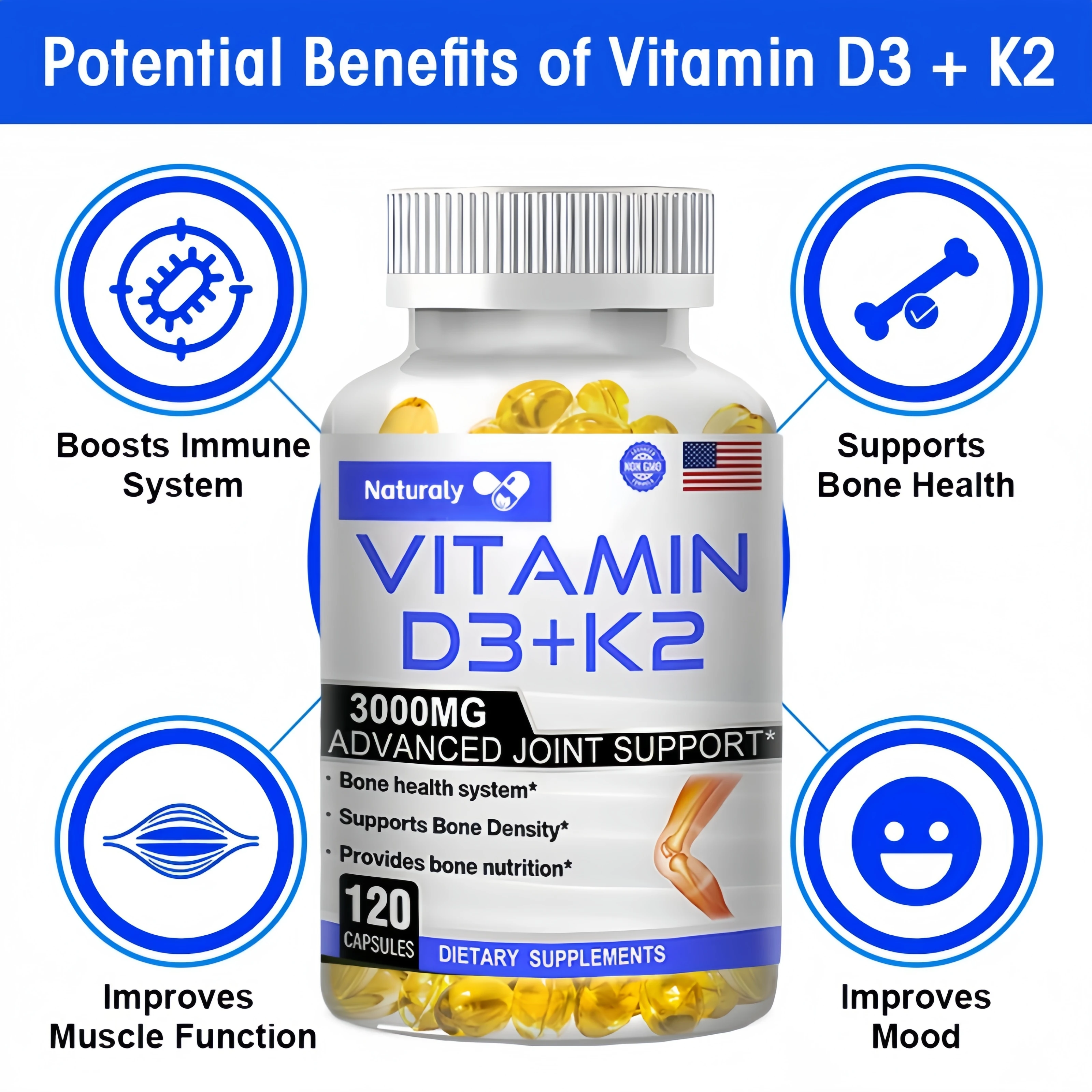 Vitamin D3+K2 Supplement to Support Joint, Bone and Immune Health Non-GMO formula easy-to-swallow vitamin D & K complex