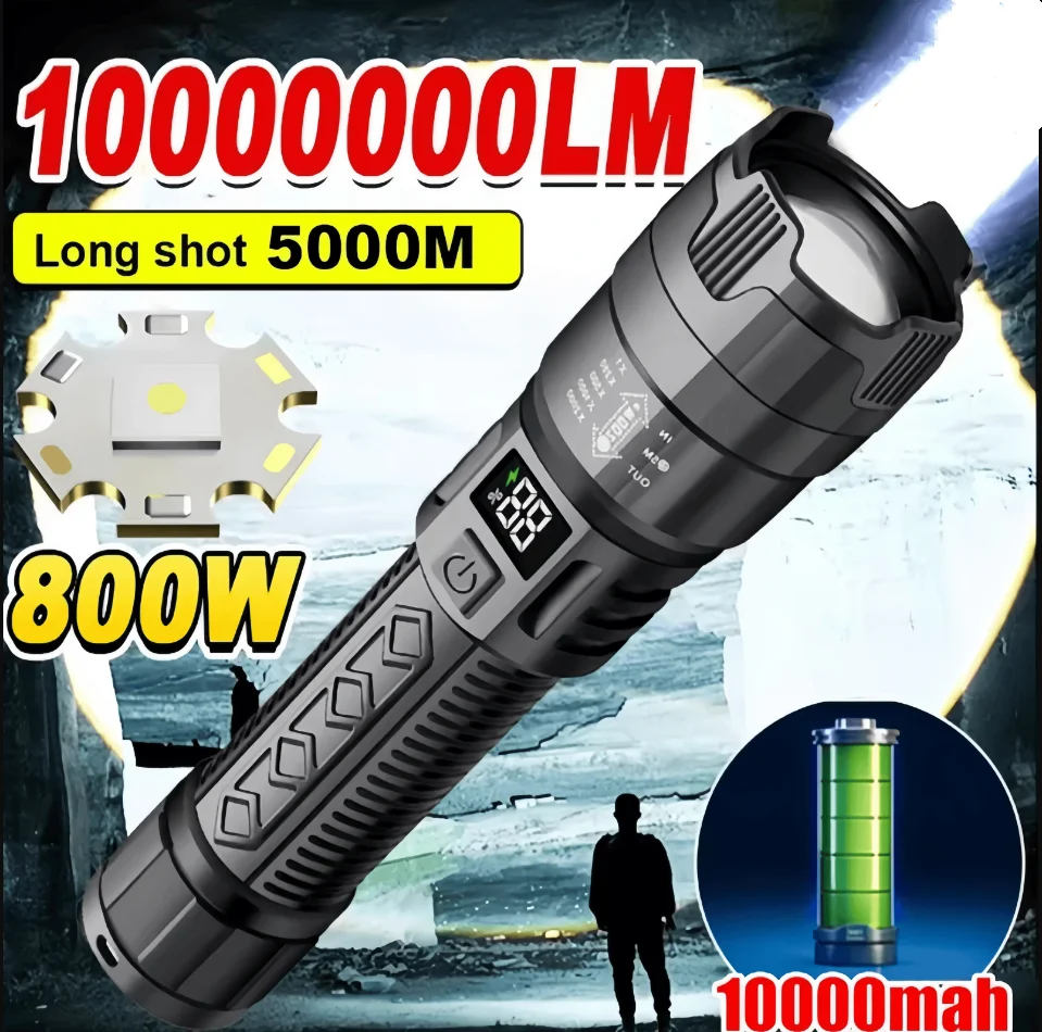 High Strong Power Led FlashlightsTactical Torch with Display Light USB Charging Camping Fishing Emergency Zoom Lantern