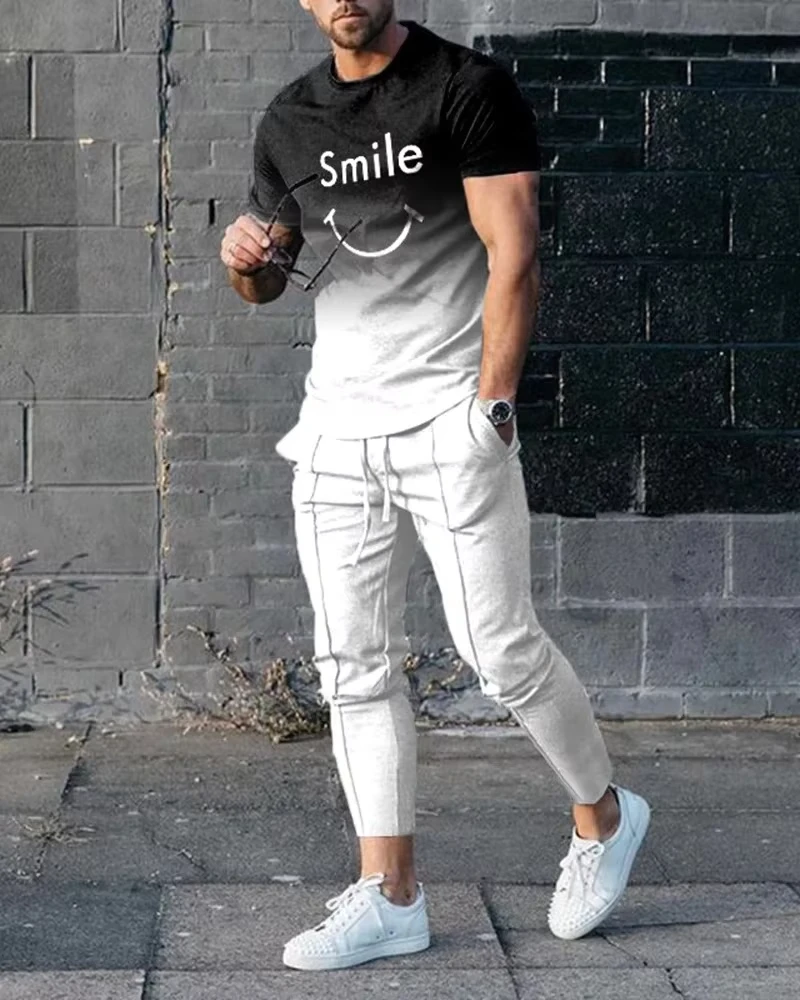 Summer Sportwear Suit Solid Color T Shirt+Long Pants 2-Piece Sets Men Tracksuit Smile Print Casual Retro Trend Oversized Clothes