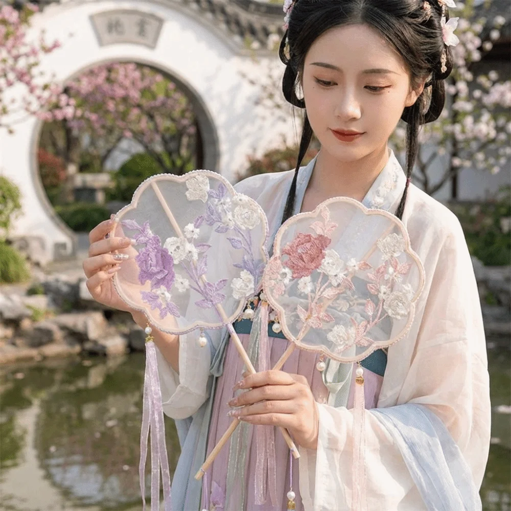 Handheld Chinese Style Fan Decorative Long Handle Embroidery Fan with Tassels Floral Pattern Silk Fan Photography Props