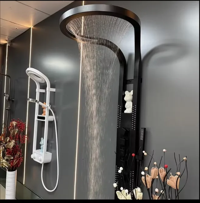 Large Waterfall Black Shower Wall Hanging Full Copper Pressurized Ring Bathroom Shower Screen Set Rain Jet Spray Brass Brushed