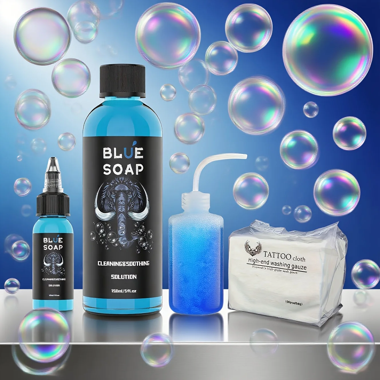 

Blue Tattoo Soap - Concentrated Cleanser for Pre/Post Tattoo Care & Piercing Aftercare, with Wipes.