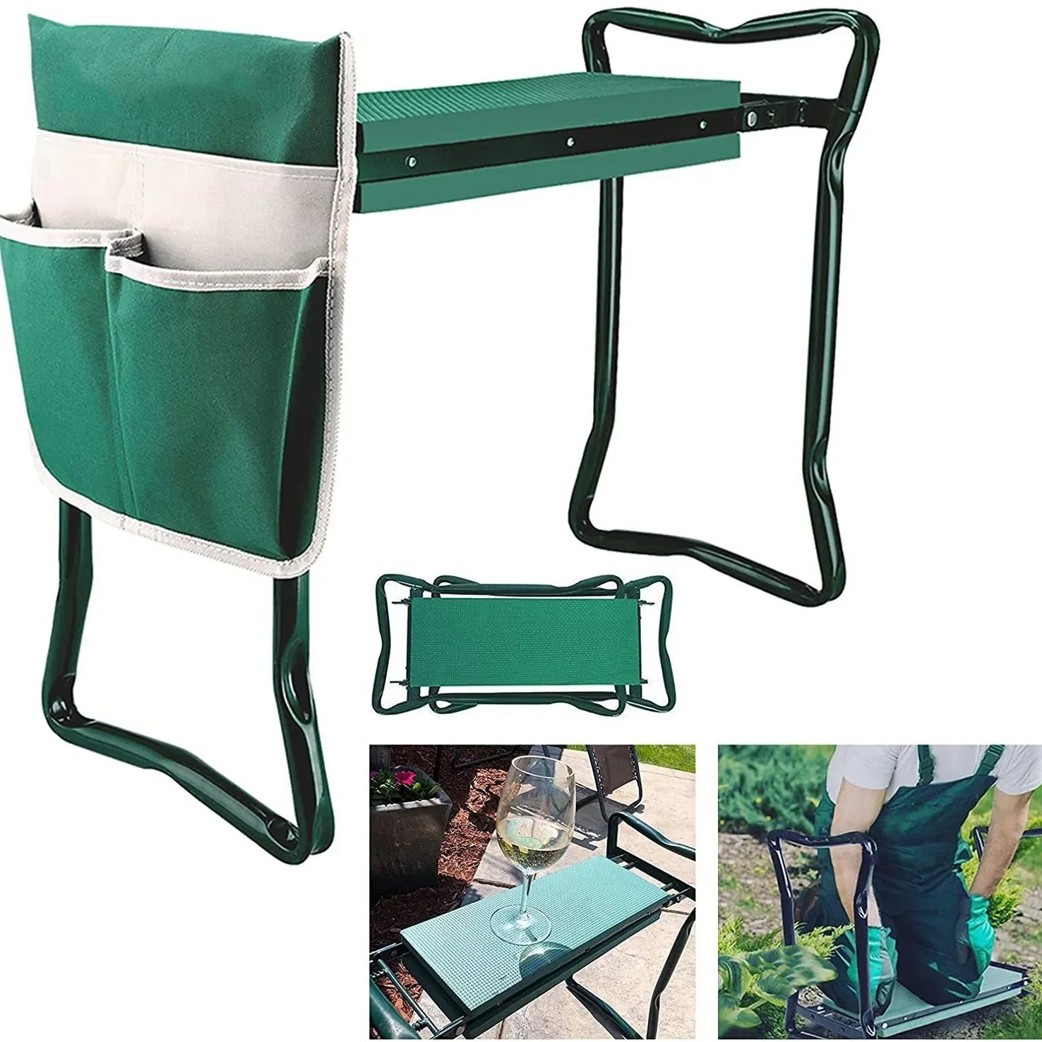 Folding Garden Kneeler Stool Bench Tool Pouch Storage Bag Protect Knees Sturdy Pad Seat Bearing Multi Pockets