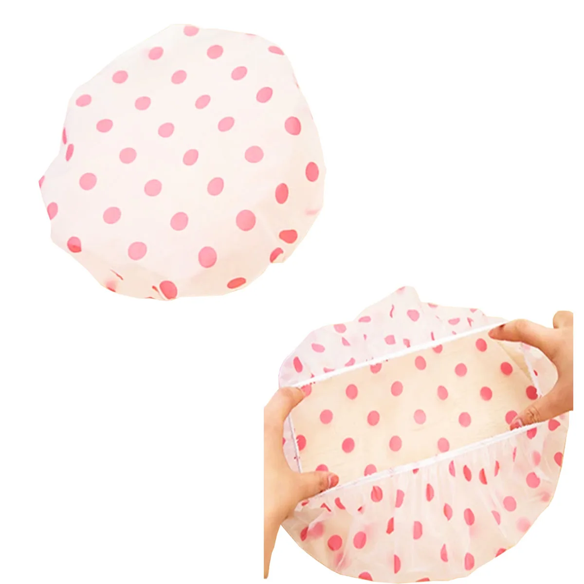 

2PC Waterproof Shower Cap Wide Elastic Band Fashion Wave Point Shower Cap Salon Color Random