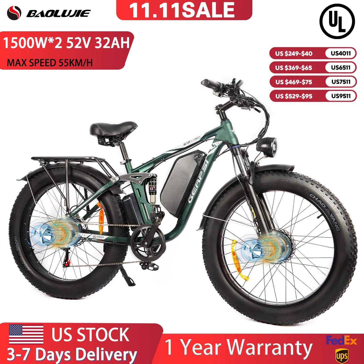 26 Zoll elektrisches Mountainbike für Erwachsene, 3000 W, Dual-Motor-Ebike, Fat Tire-Elektrofahrrad, 7-Gang-Elektrofahrrad, 48 V, 25 Ah Batterie