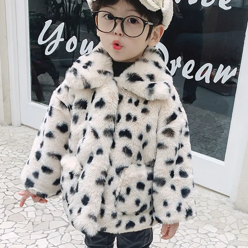 

Faux Rabbit Fur Coats Children Jackets Leopard Print Pocket Turn Down Collar Long Sleeve Coverd Button Casual 2025 Autumn Winter