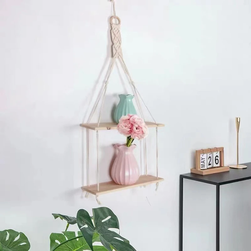 1Pcs Wall Shelf Boho Plant Hanging Shelf Chic Decor 2 Tier Cotton Rope Floating Shelves Macrame For Bedroom Living Room