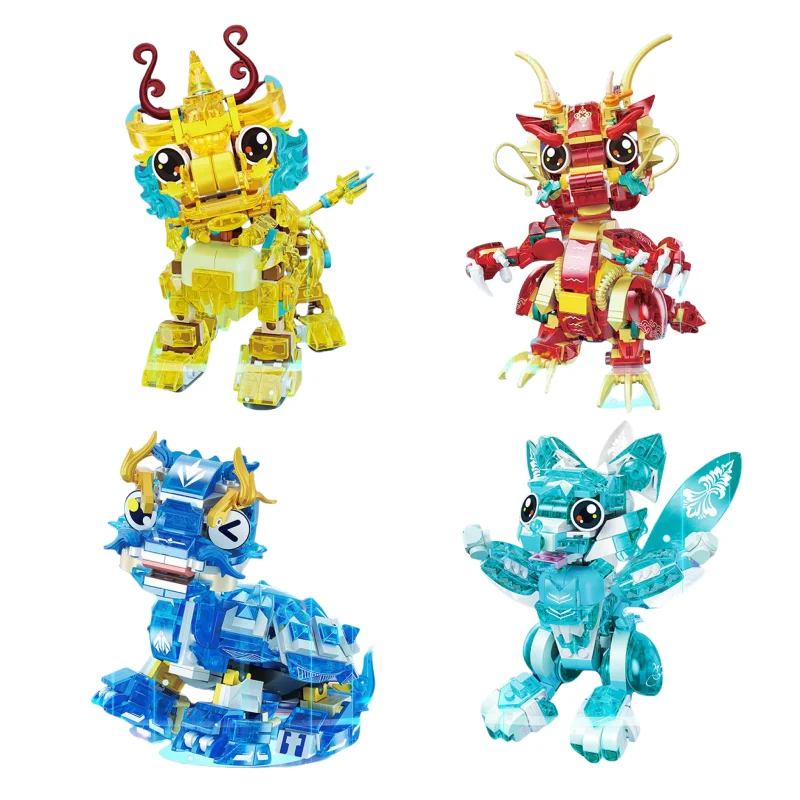 New Cartoon Glow-in-the-dark Rui Long Qilin Four Beasts Nine-tailed Fox Assembled Building Blocks Mech Model Children's Toys