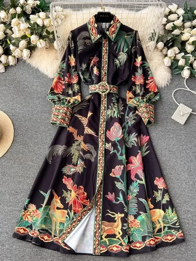 

2024 New Fashion Bohemain Holiday Dress Women's Long Lantern Sleeve Single Breasted Flower Birds Print Belt Robe Maxi Vestido