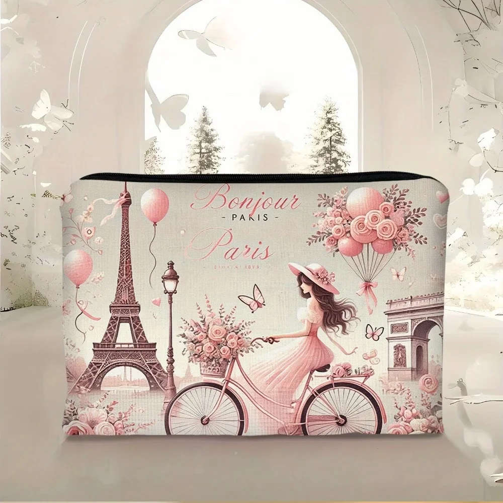 Elegant Paris-themed canvas cosmetic bag, double-sided full prints with Eiffel Tower, Arc de Triomphe, French girls cycling and