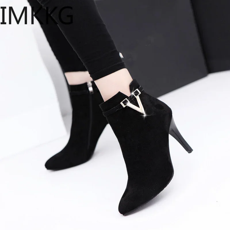 Botas Mujer Invierno 2021 Autumn Stiletto Thin High Heels Woman Pointed Toe Pu Leather Zipper Sexy Ankle Womens Boots A00339