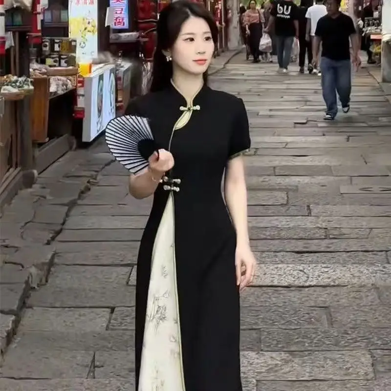 Summer New Fashion Exquisite Dress New Chinese Style Cheongsam Slimming Dresses Temperament Short Sleeve Splicing Qipao Dress