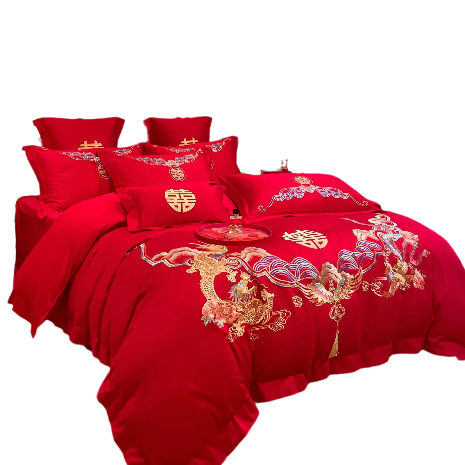

New Minimalist and Skin Friendly Cotton Embroidered Wedding Four Piece Set with Red Embroidered Quilt Cover