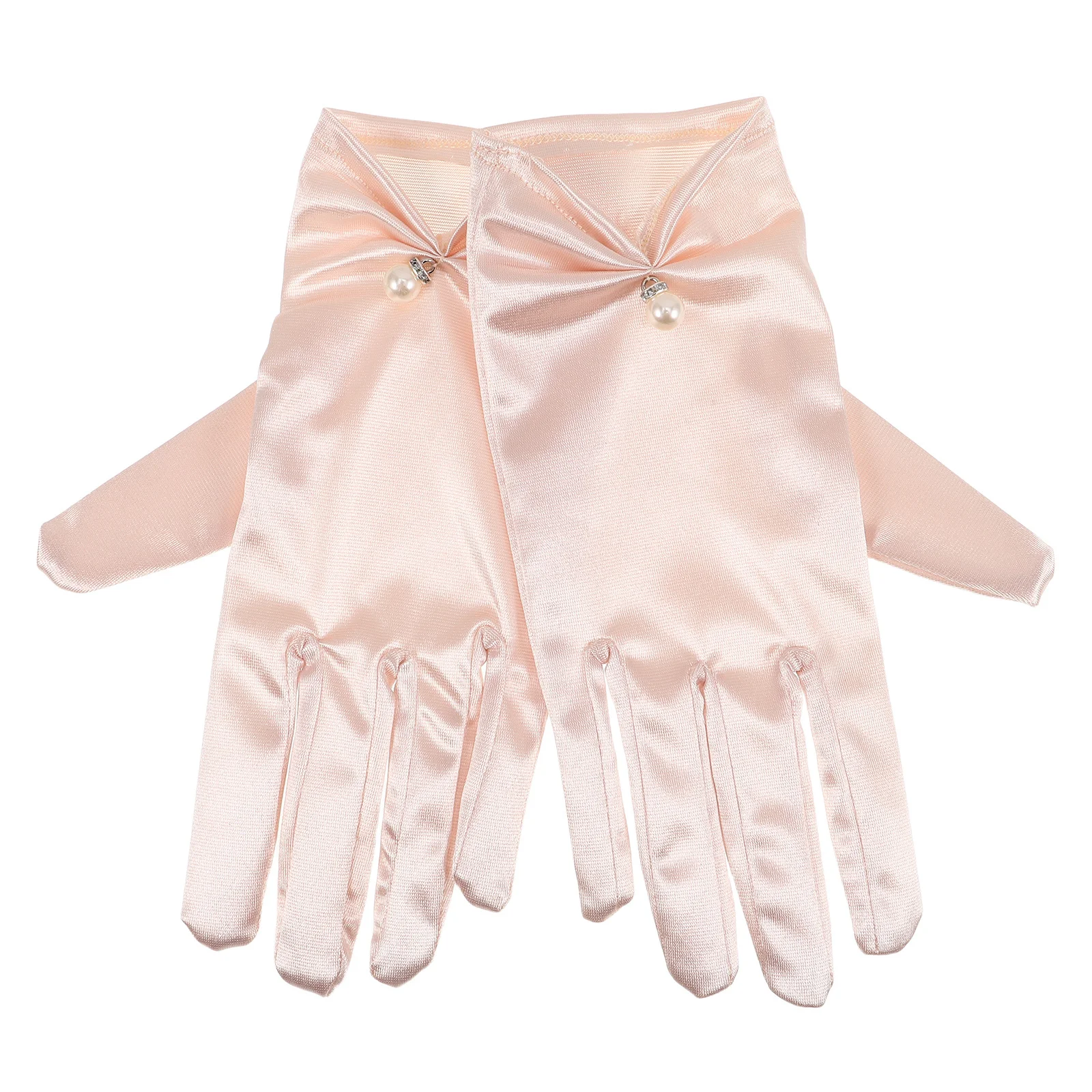 1 زوج قفازات العروس قصيرة الساتان اللؤلؤ مزين أنيقة حفل زفاف مأدبة رسمية فستان الإكسسوارات النساء قفازات الساتان قصيرة #2