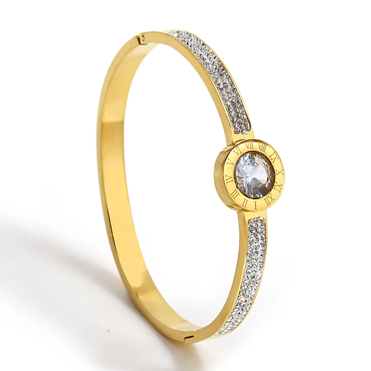 الفاخرة كامل حجر الراين الأرقام الرومانية تكويم الكفة الأساور الفولاذ المقاوم للصدأ الإسورة أساور للنساء مجوهرات مقاومة للماء #2