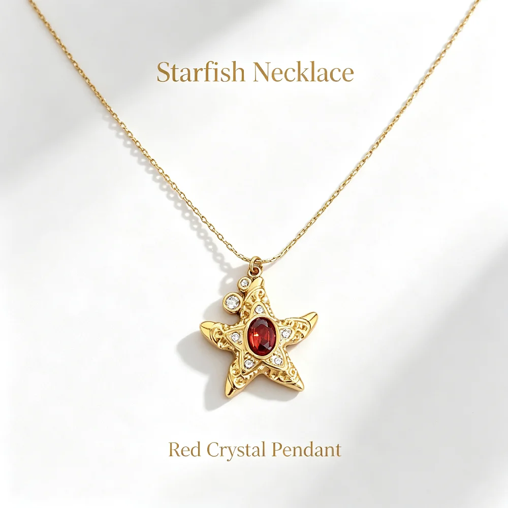 Greatera Woman Stainless Steel Starfish Necklace Dainty Setting Red Zircon Pendant Neck Chain Classic Party Jewelry Gift