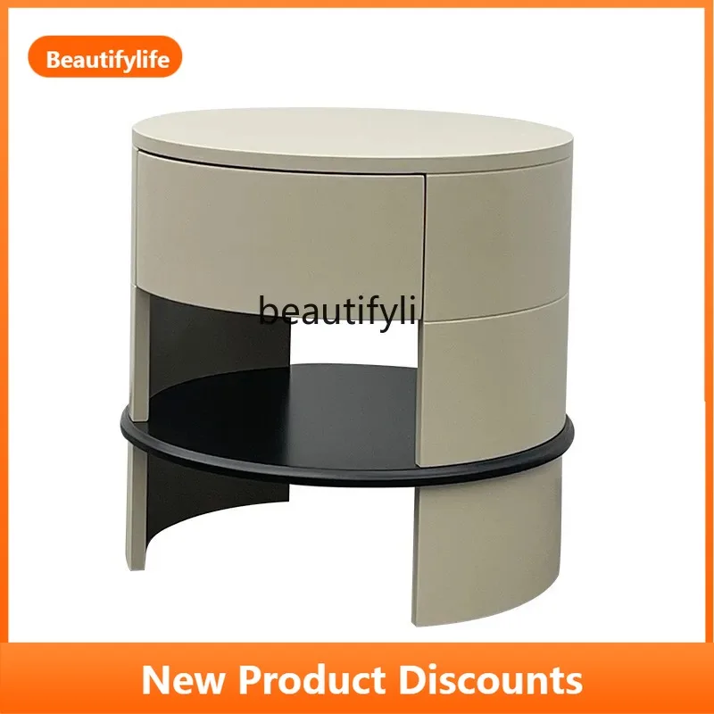 

B73 Minimalist High-End Bedroom Round Lacquered Bedside Table Solid Wood Nightstand