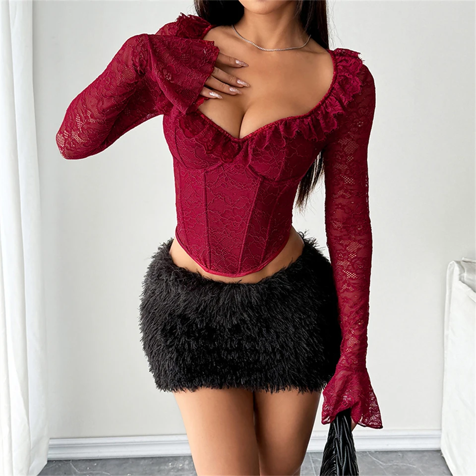 Becirzet Sexy Dessous Damen Spitzenkorsett Transparentes Schlankes Langarm-Mesh-Top Push-Up Bauchkontrolle Knochen-Bustier – Detail 20