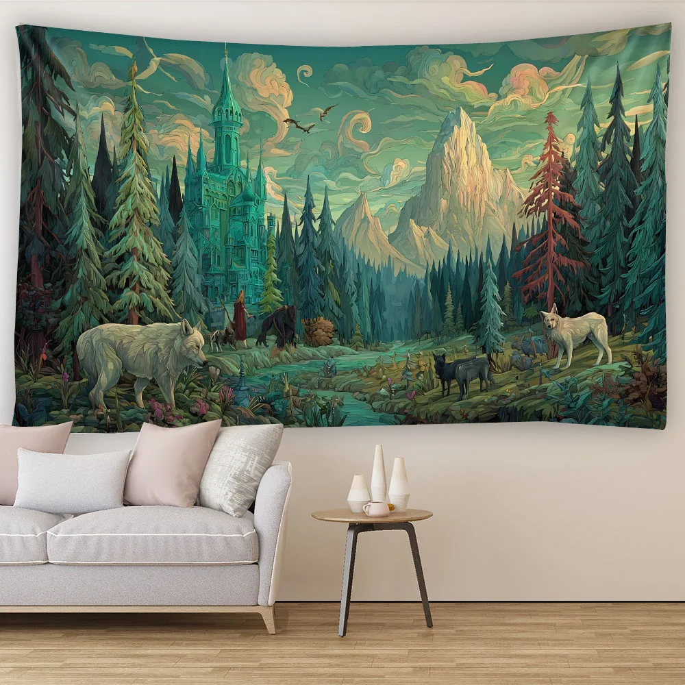 

Psychedelic forest tapestry decoration animal wolf phoenix deer background fabric home party club fabric poster wall hanging
