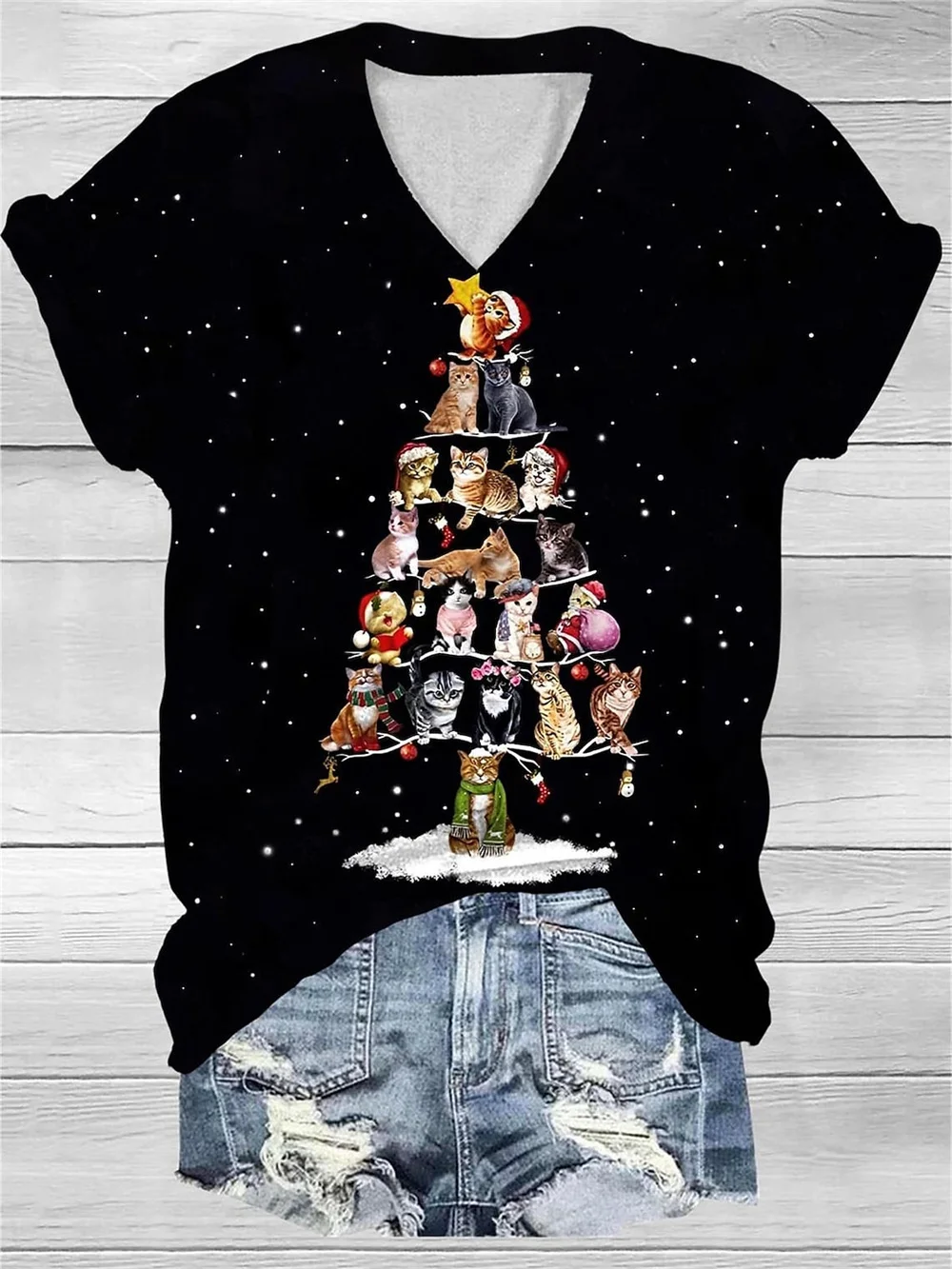 Frauen Weihnachten T-Shirt festliche V-Ausschnitt funkelnden Baum rosa Bögen Sterne schwarz Urlaub T-Shirt lässige Feier Top mehrere Größen