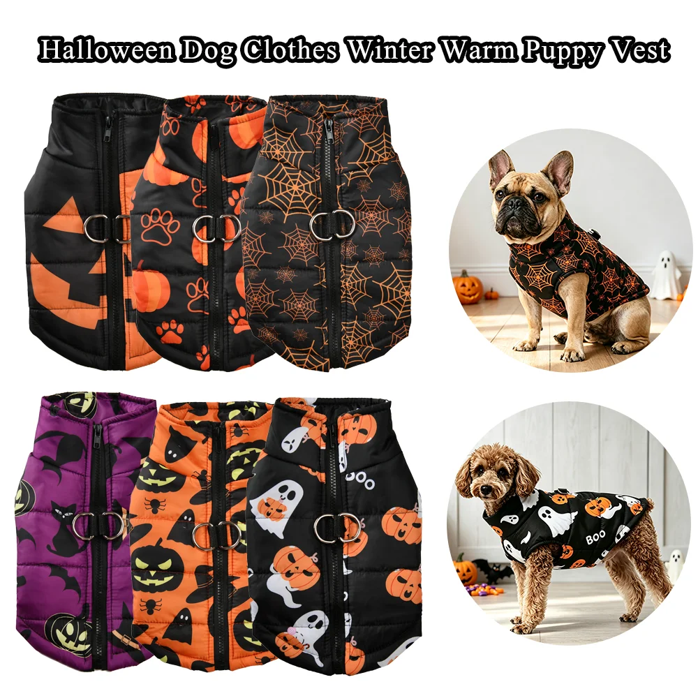 Halloween-Hundemantel-Kostüm für kleine Hunde, Katzenjacke, warme Winterweste, Kürbislaternen-Print, Partykleidung für französische Bulldoggen und Mops